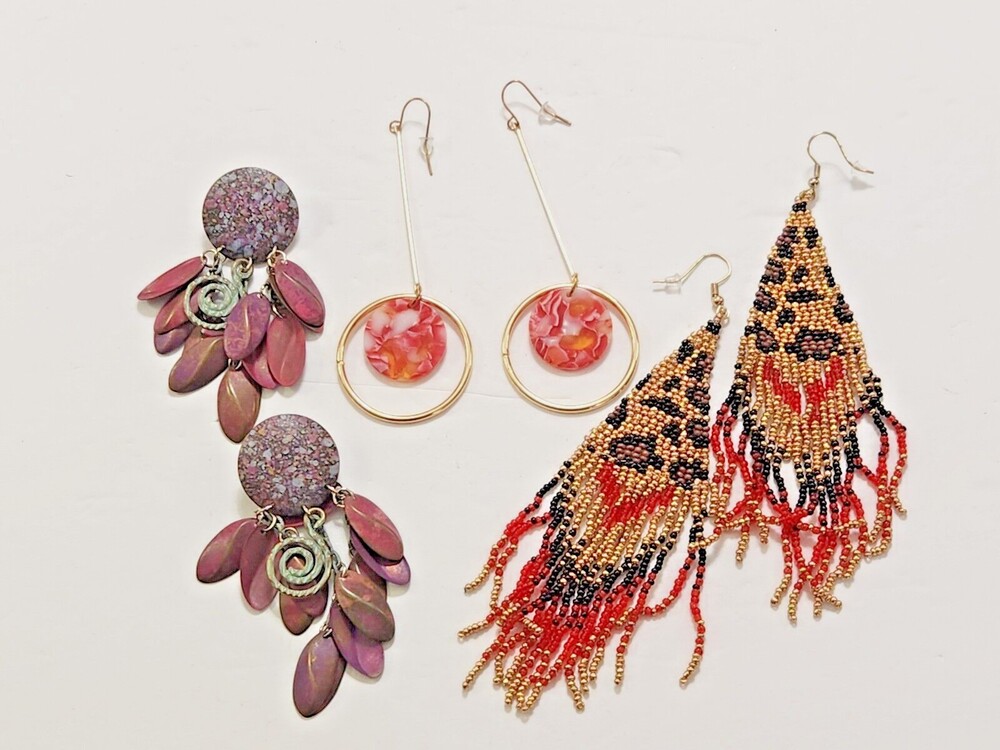 3 pr 80s Dangle Earrings Cheetah Seed Bead Confetti Resin Paint Speckled Metal